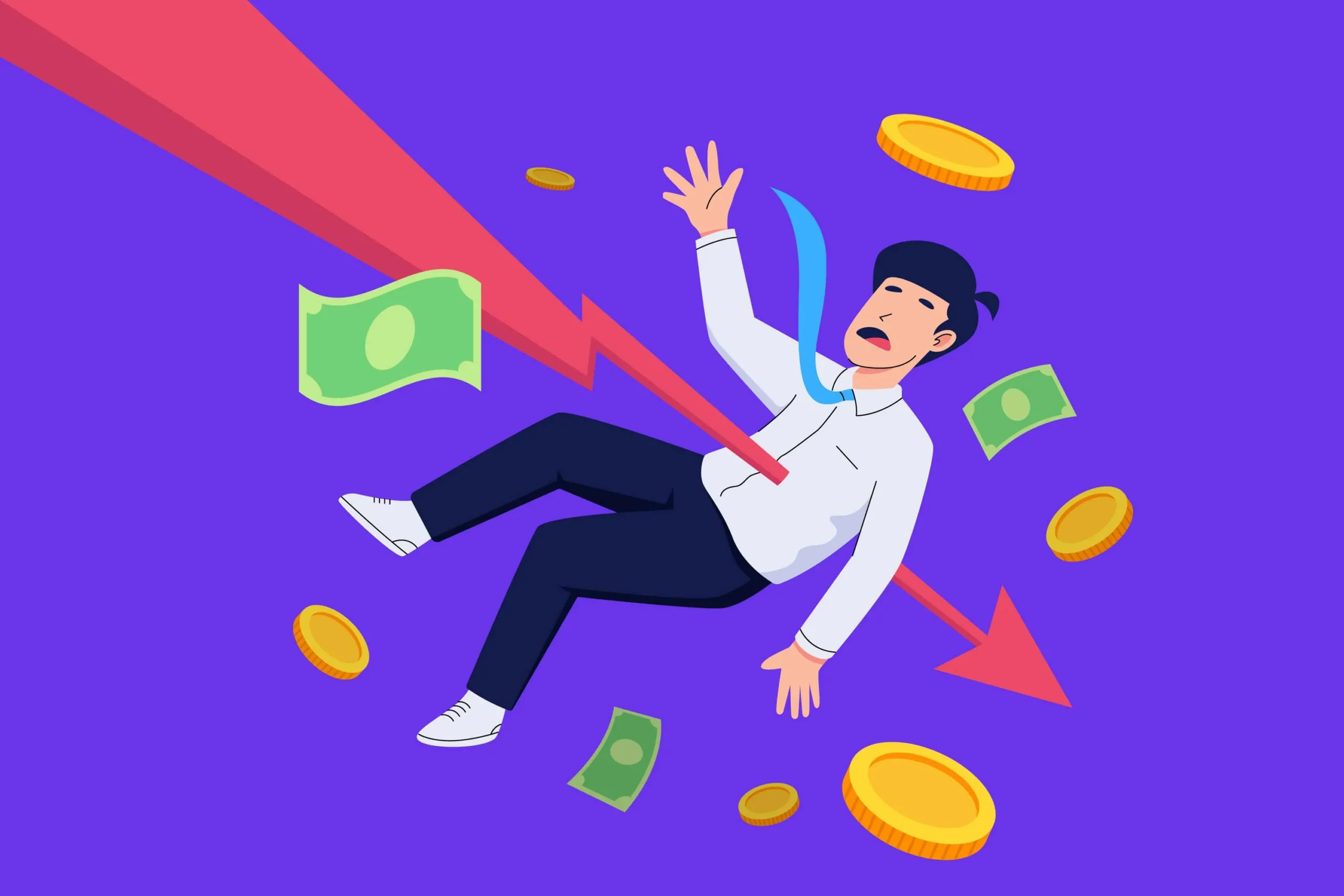 Man falling with money and a downward arrow, symbolizing rising health insurance costs.